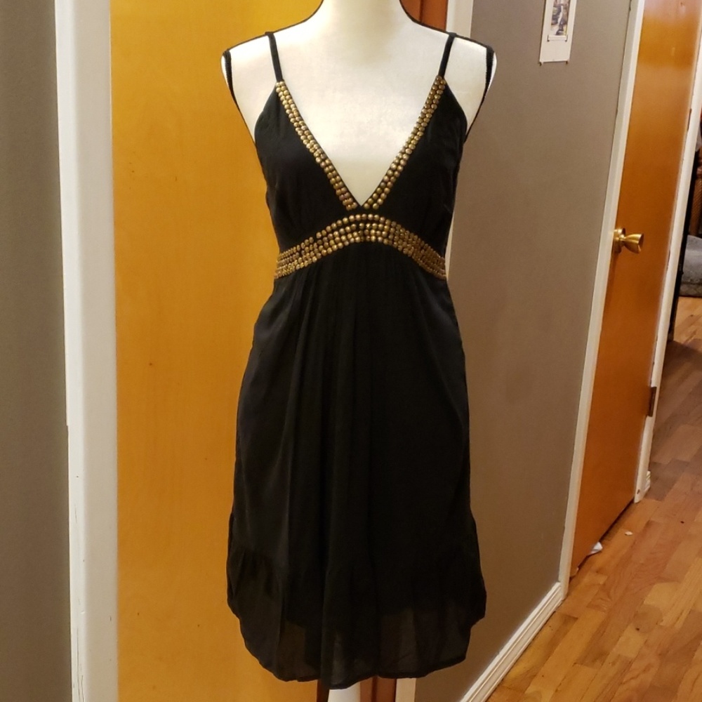 Ravia- Black V-Neck Dress w/Gold Accents